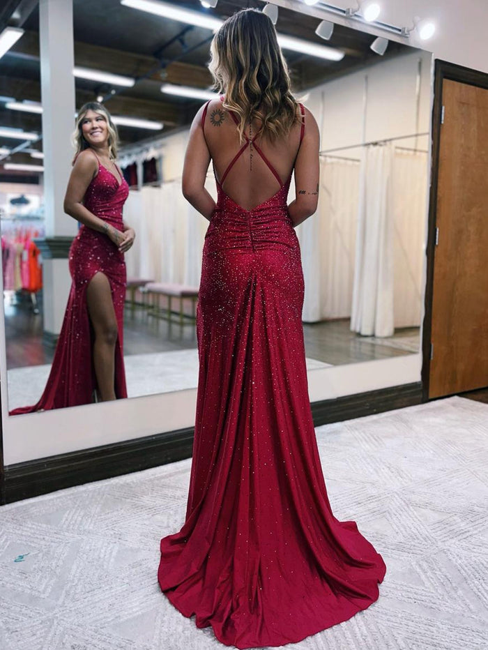Laura | Mermaid V Neck Sequin Dark Red Prom Dress Open Bust Gown with Slit - Dark Red - PromDressClub