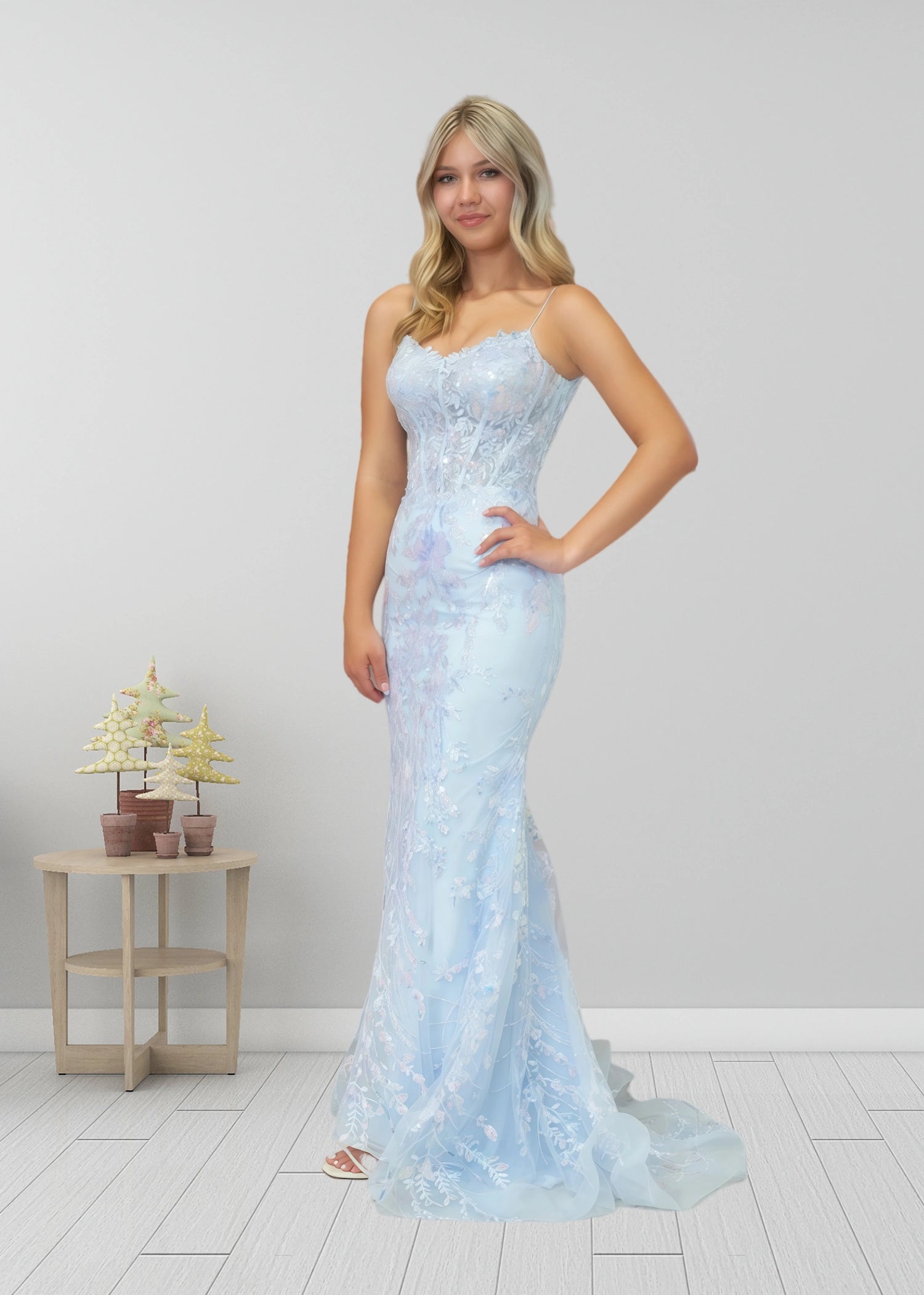 Laurel |Mermaid Straps Light Blue V - Neck Sequin Appliques Long Prom Dress - Sky Blue - US0 - PromDressClub