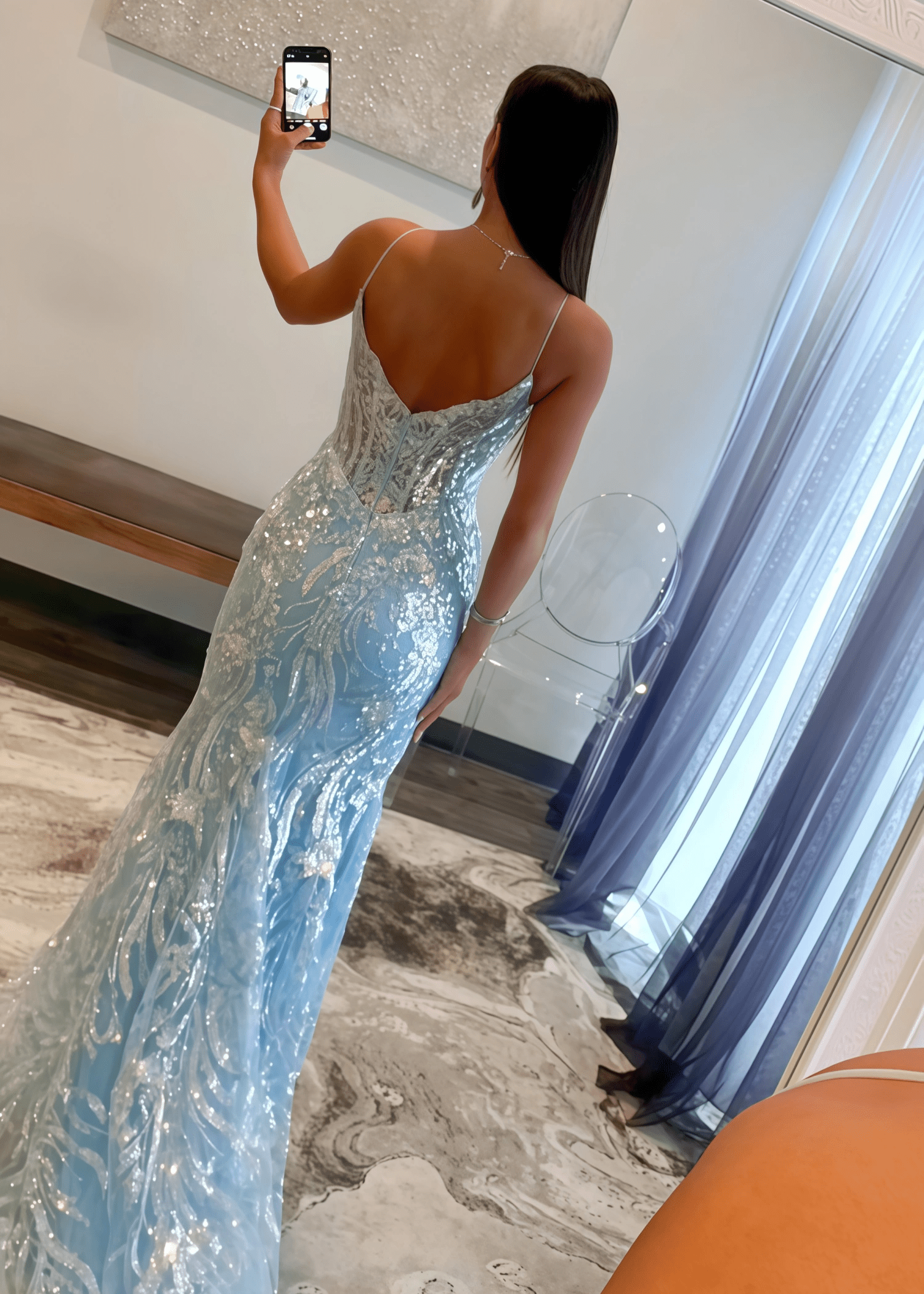 Laurel |Mermaid Straps Light Blue V - Neck Sequin Appliques Long Prom Dress - Sky Blue - US0 - PromDressClub