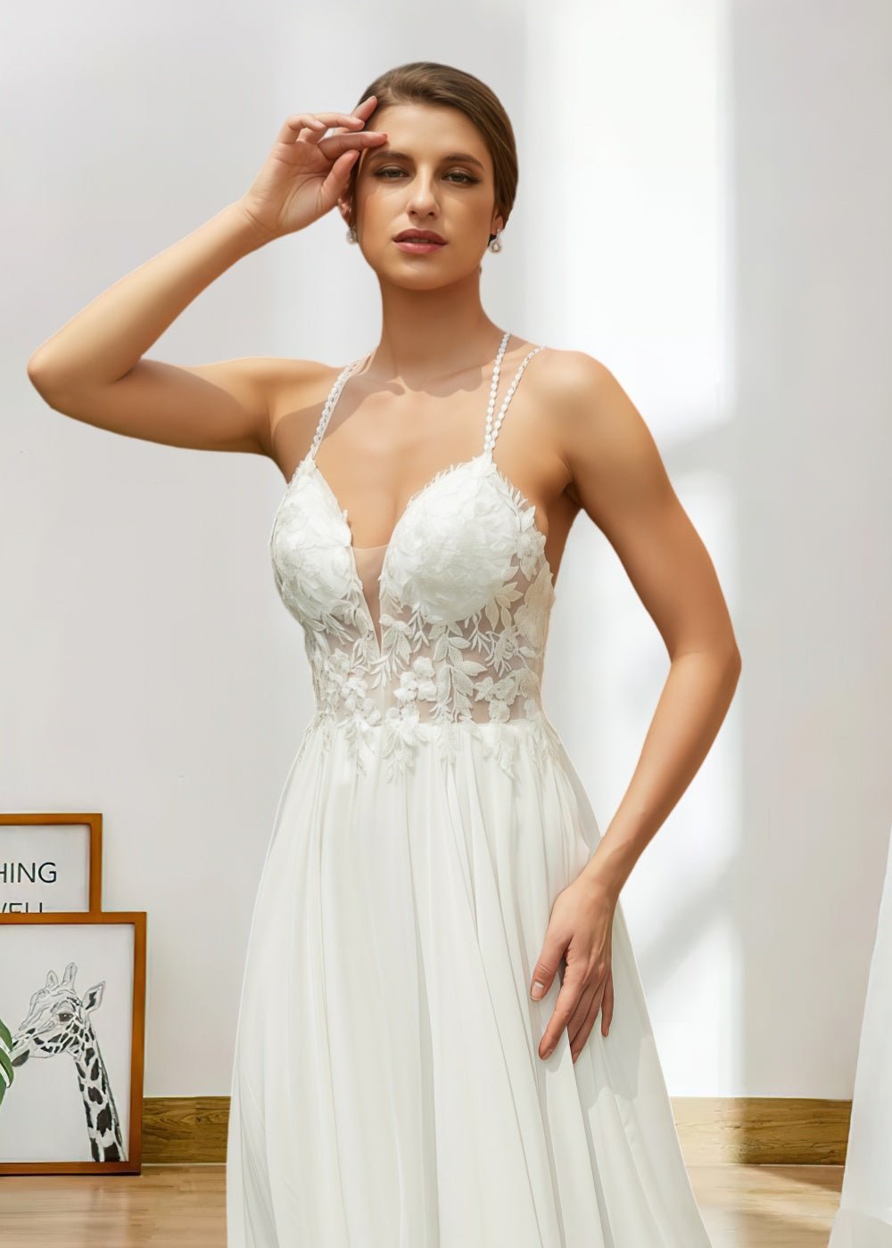 Leila | A Line/Princess Spaghetti Strap V Neck Chiffon Lace Backless Bridal Gown with Train - Ivory - PromDressClub