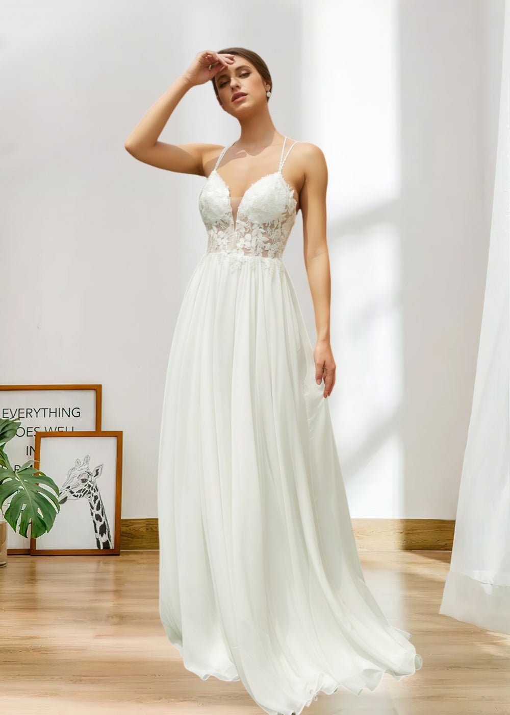 Leila | A Line/Princess Spaghetti Strap V Neck Chiffon Lace Backless Bridal Gown with Train - Ivory - PromDressClub