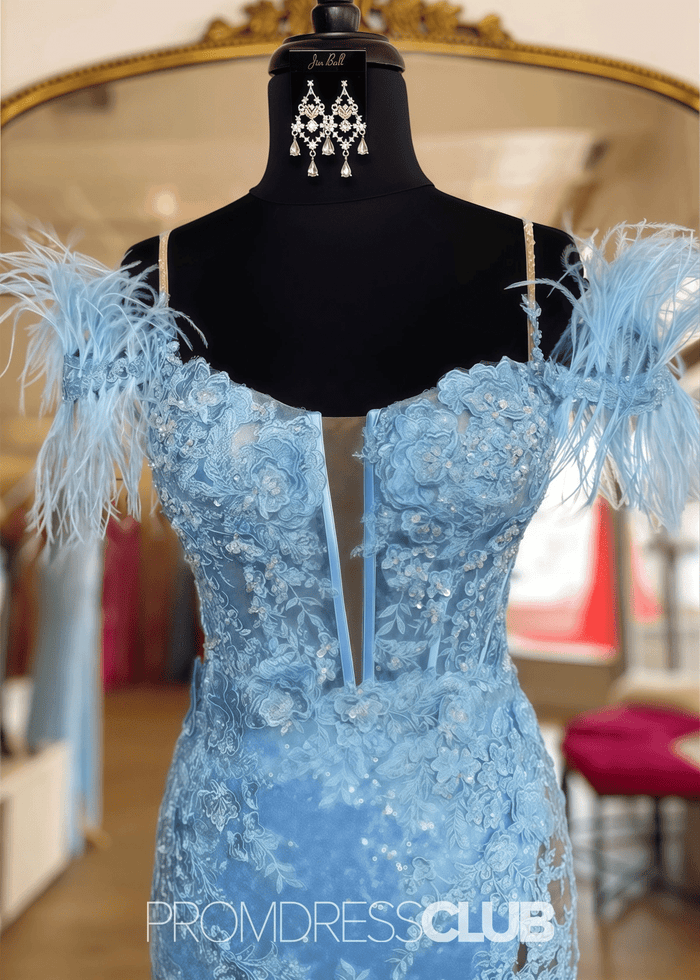 Leila | Mermaid Feather Appliques Blue Sequin Long Prom Dress - Price #price_variant_lowest# - Blue - PromDressClub