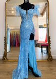 Leila | Mermaid Feather Appliques Blue Sequin Long Prom Dress - Blue - PROMDRESS Club