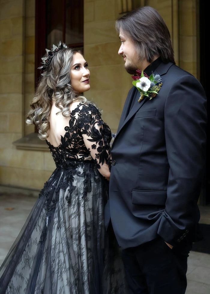 Lena | Sophisticated Black Wedding Dresses with Sleeves for Timeless Brides - Black - PromDressClub