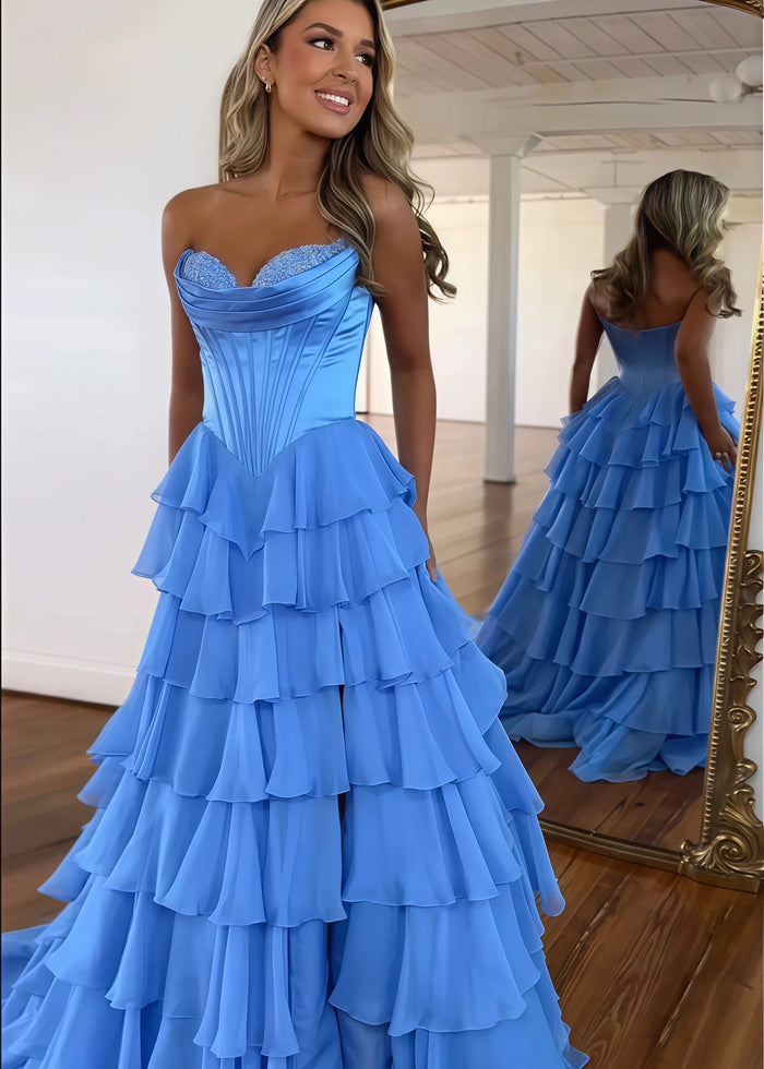 Lesley|A - Line Sweetheart Chiffon Corset Ruffled Long Blue Prom Dress with Slit - Blue - PromDressClub