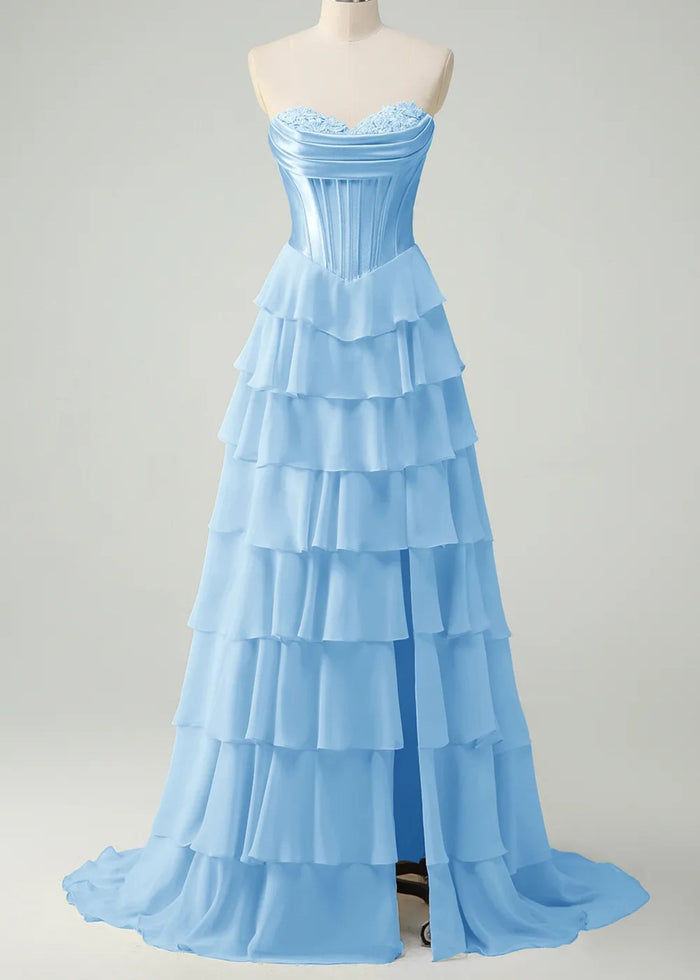 Lesley|A - Line Sweetheart Chiffon Corset Ruffled Long Blue Prom Dress with Slit - Light Blue - PromDressClub