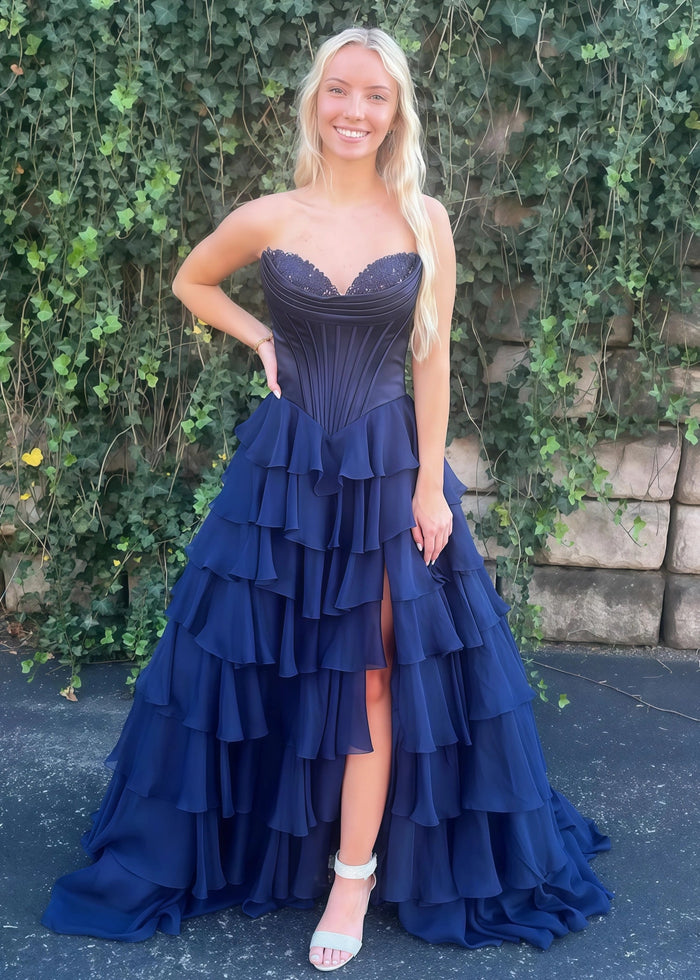 Lesley|A - Line Sweetheart Chiffon Corset Ruffled Long Blue Prom Dress with Slit - Navy Blue - PromDressClub