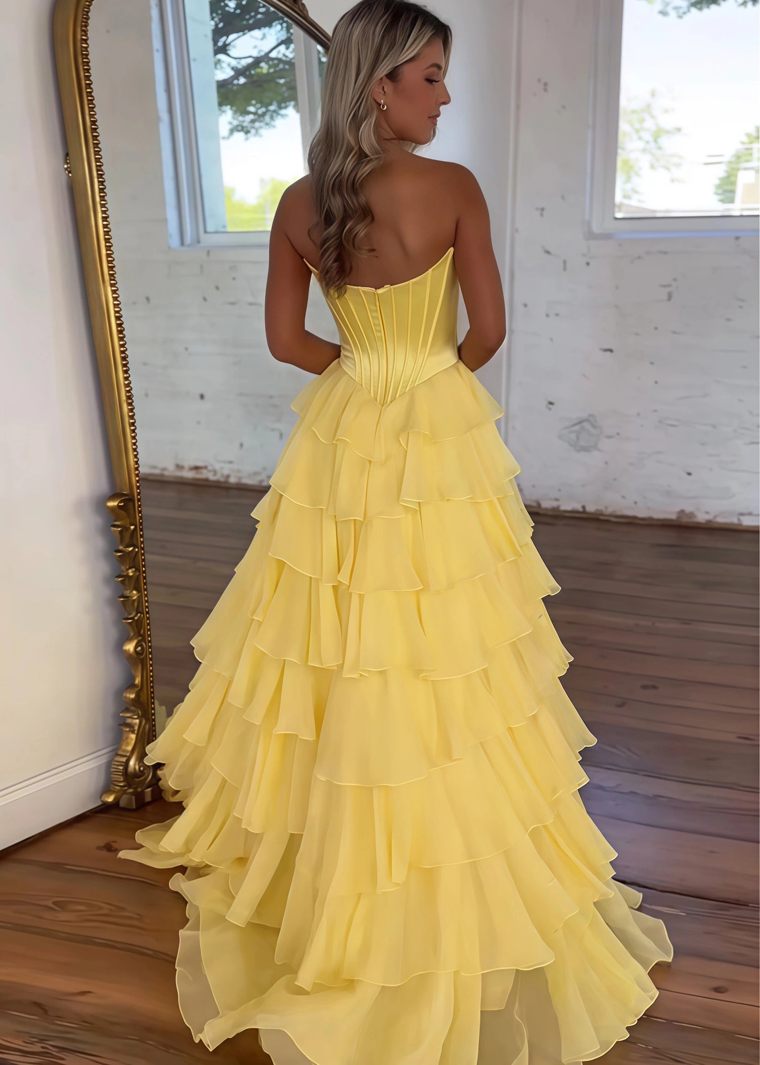 Lesley|A - Line Sweetheart Chiffon Corset Ruffled Long Blue Prom Dress with Slit - Yellow - US0 - PromDressClub