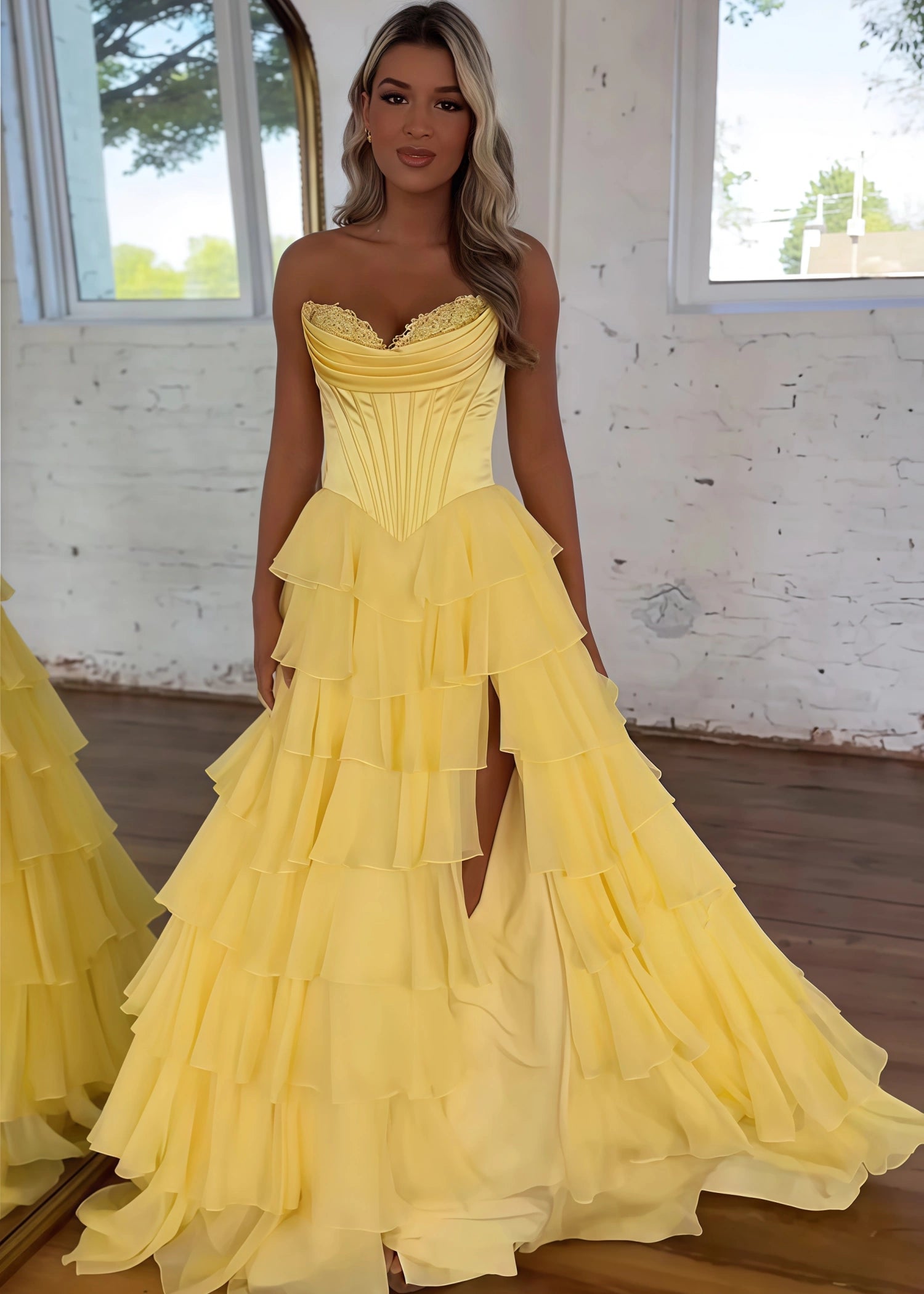 Lesley|A - Line Sweetheart Chiffon Corset Ruffled Long Blue Prom Dress with Slit - Yellow - US0 - PromDressClub