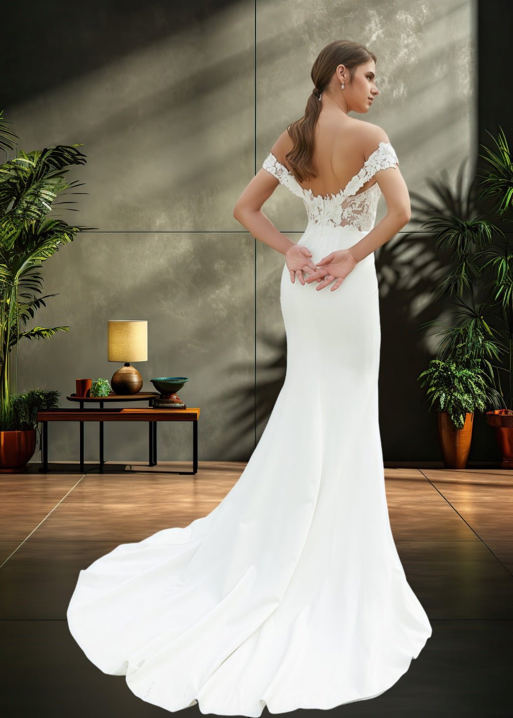 Letitia | Off the Shoulder Lace Satin Mermaid Wedding Dress with Long Train - Ivory - PromDressClub