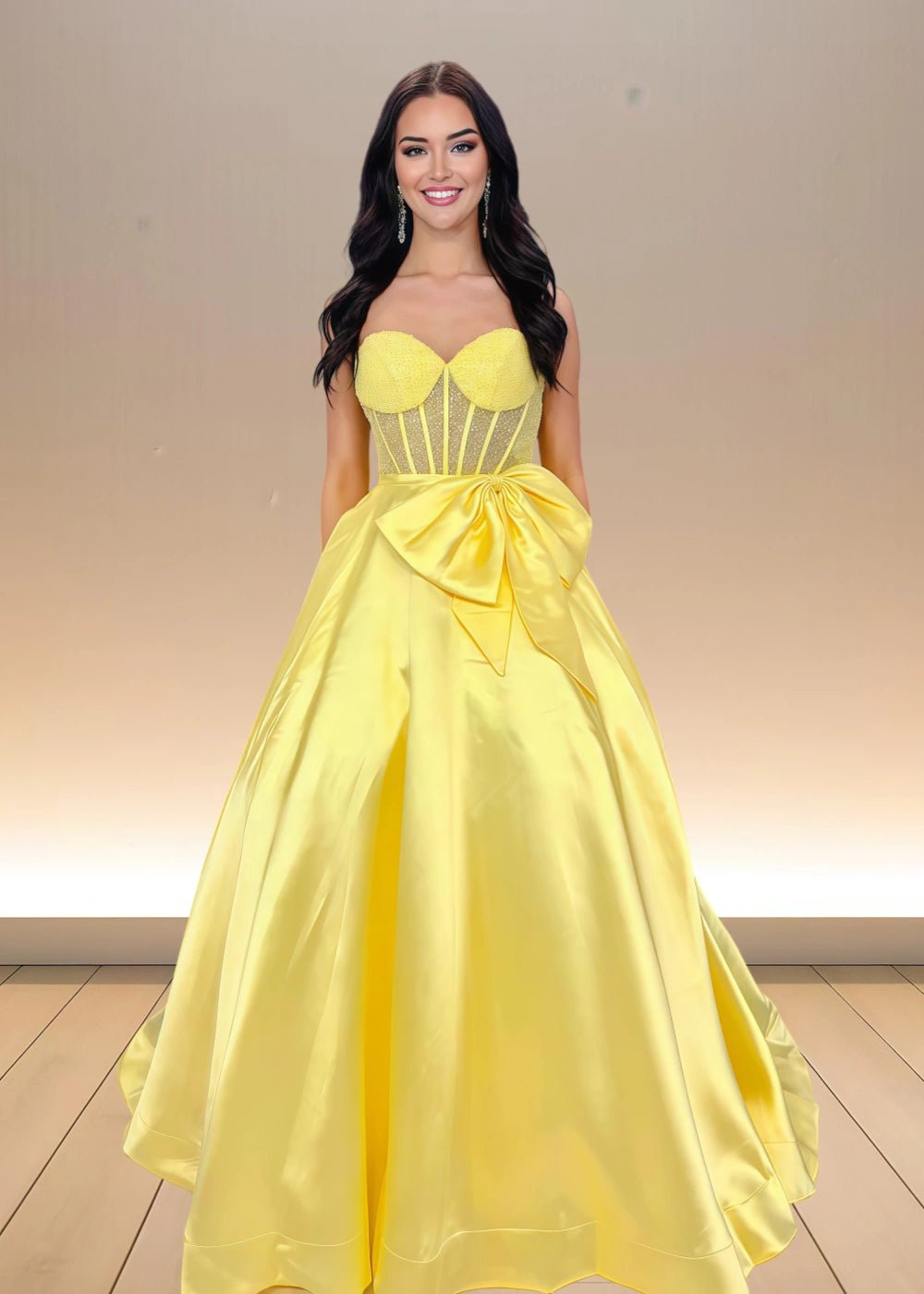 Bridget | Light Blue Strapless Corset Beaded Formal Dress with Bow - Yellow - PromDressClub