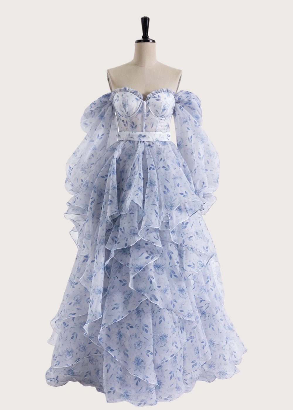 Light Pink Strapless Off the Shoulder Long Sleeve Formal Dress - Light Blue Floral - PromDressClub