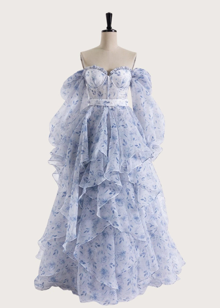 Light Pink Strapless Off the Shoulder Long Sleeve Formal Dress - Light Blue Floral - PromDressClub