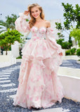 Light Pink Strapless Off the Shoulder Long Sleeve Formal Dress - Light Pink Floral - PromDressClub