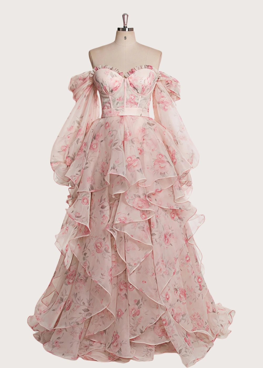Light Pink Strapless Off the Shoulder Long Sleeve Formal Dress - Pink Floral - PromDressClub