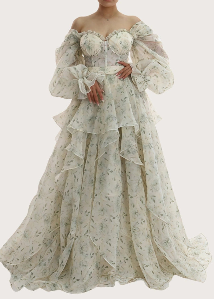 Light Pink Strapless Off the Shoulder Long Sleeve Formal Dress - Sage Floral - PromDressClub