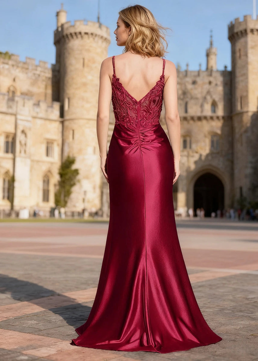 Lila Burgundy Mermaid Lace Beaded Prom Dress | Spaghetti Straps V - Neck Pleated Satin Dress with Slit - US0 - PromDressClub