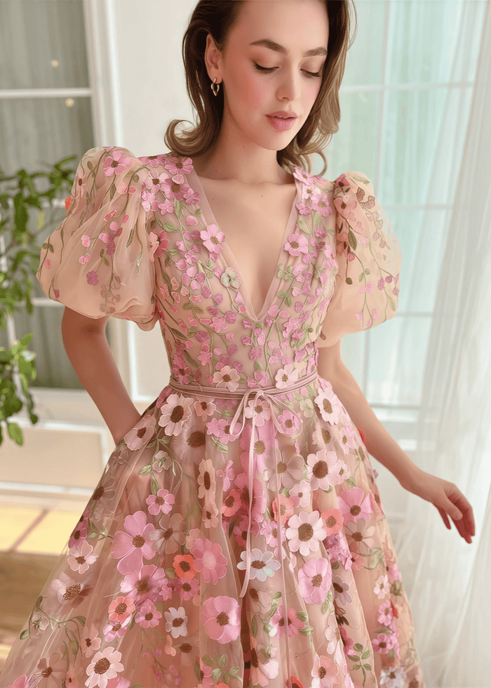 Lila | Elegant Champagne Short Sleeve Flower Corset Prom Dress - Champagne Floral - PromDressClub