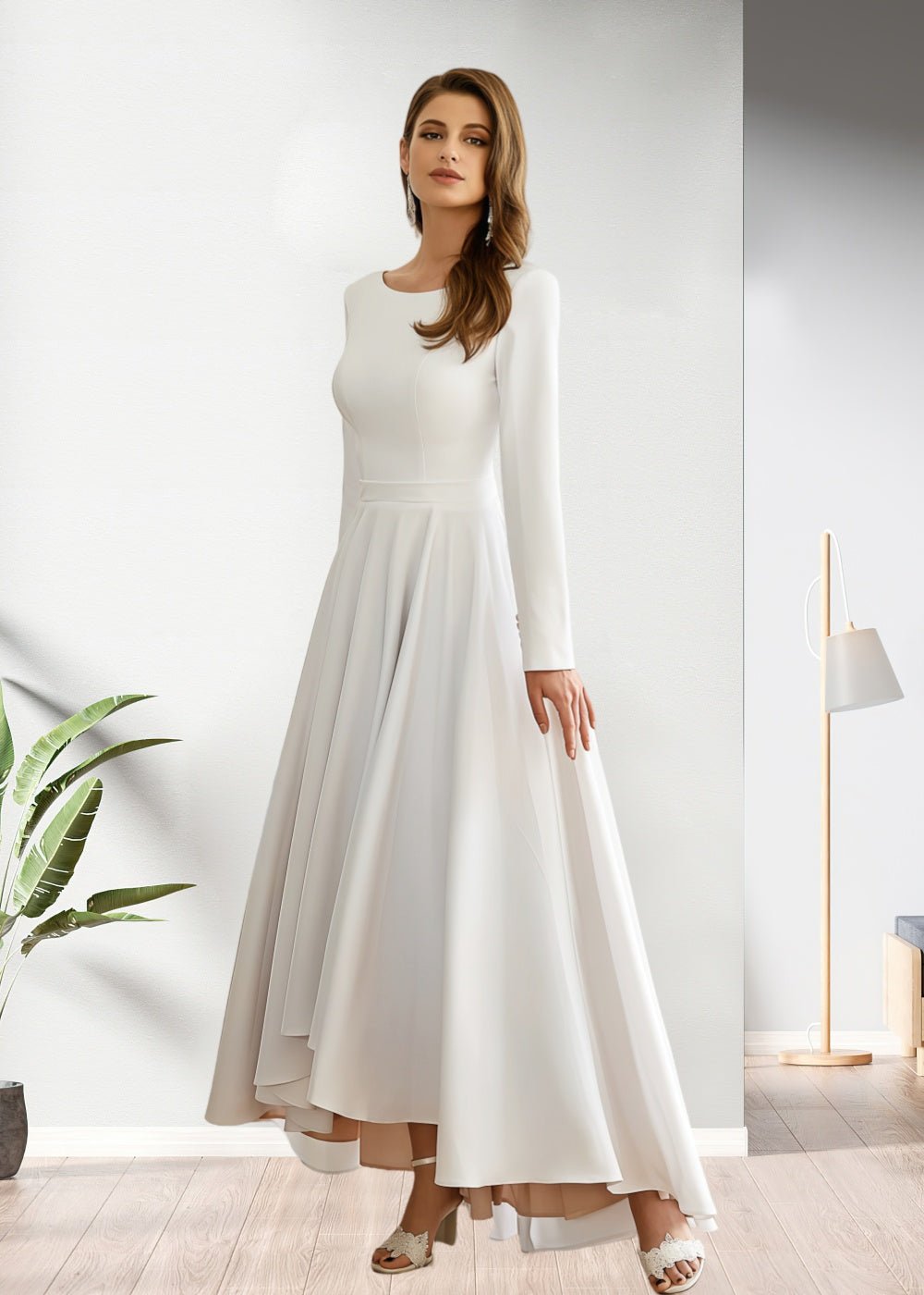 Lilith | Timeless Elegance Long Sleeved High Low Wedding Dress - Ivory - PromDressClub