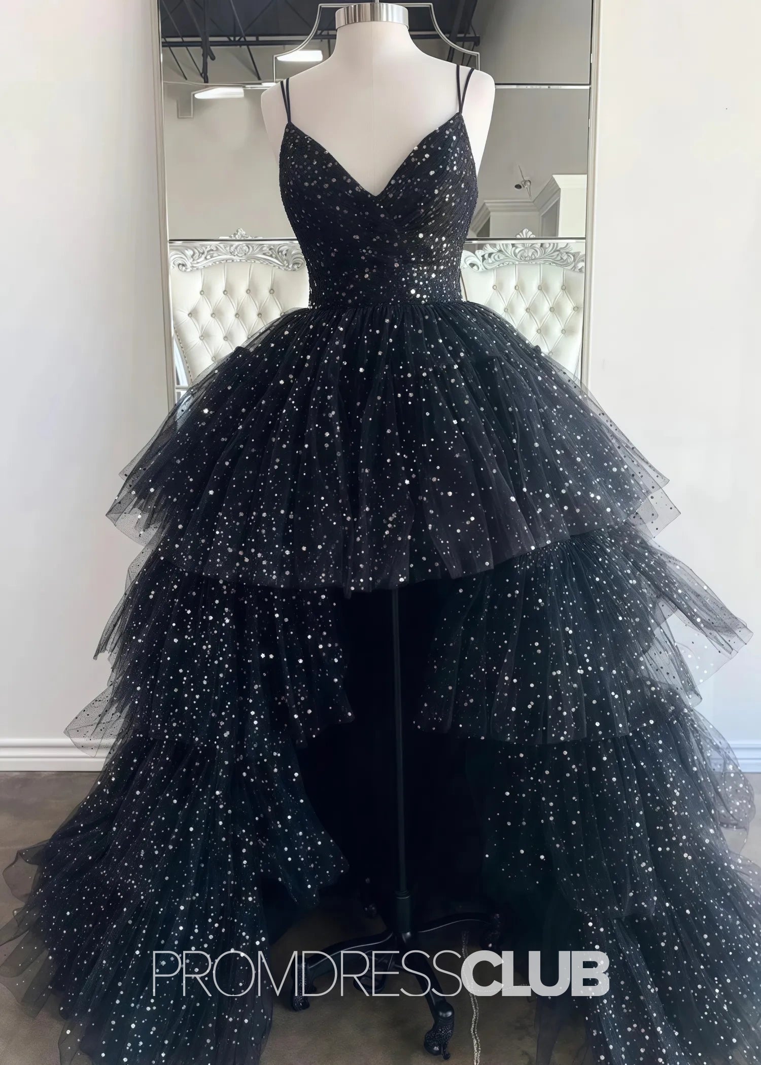 Lillian |Black Long Prom Dresses Near Me With A Line Spaghetti Straps Tiered Tulle High Low - Black - US0 - PromDressClub