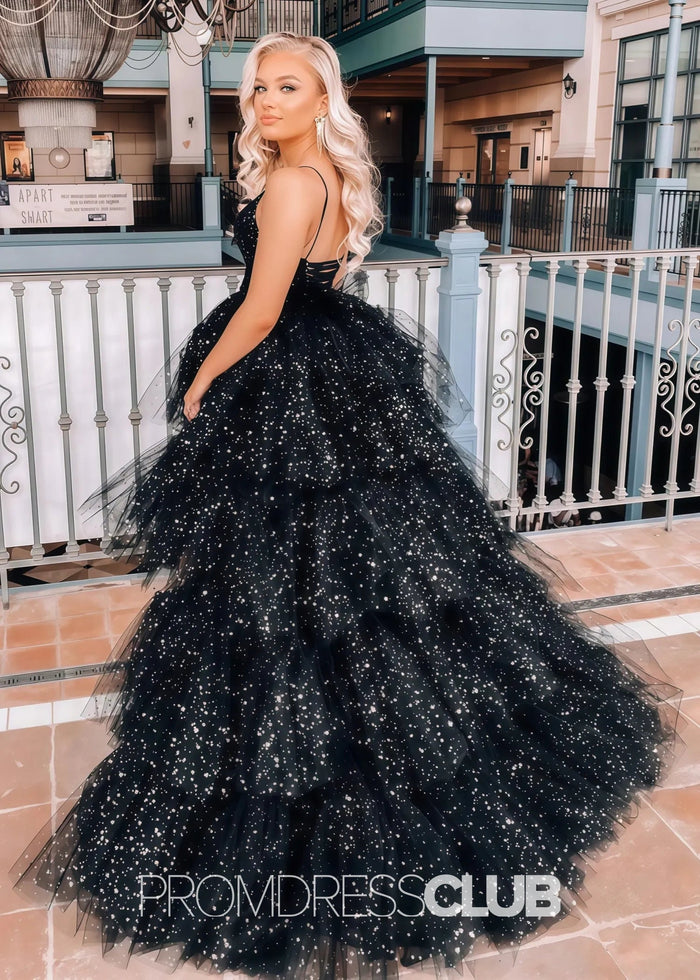 Lillian |Black Long Prom Dresses Near Me With A Line Spaghetti Straps Tiered Tulle High Low - Price #price_variant_lowest# - Black - PromDressClub
