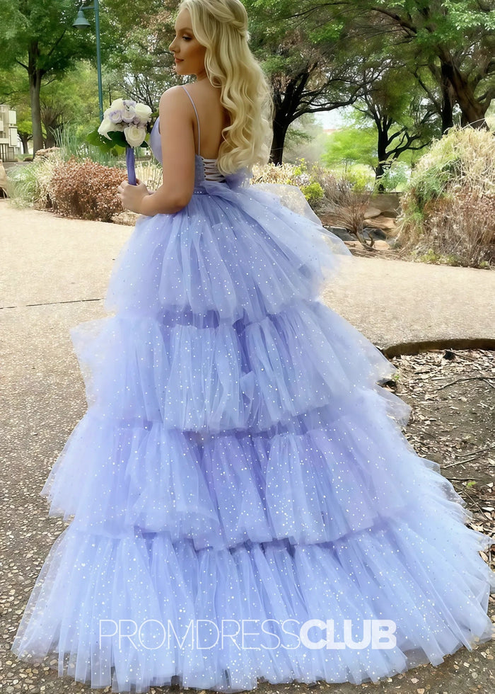 Lillian |Black Long Prom Dresses Near Me With A Line Spaghetti Straps Tiered Tulle High Low - Price #price_variant_lowest# - Lavender - PromDressClub