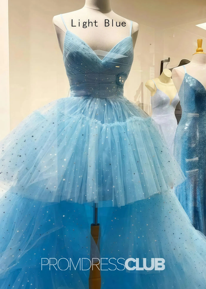 Lillian |Black Long Prom Dresses Near Me With A Line Spaghetti Straps Tiered Tulle High Low - Price #price_variant_lowest# - Sky Blue - PromDressClub