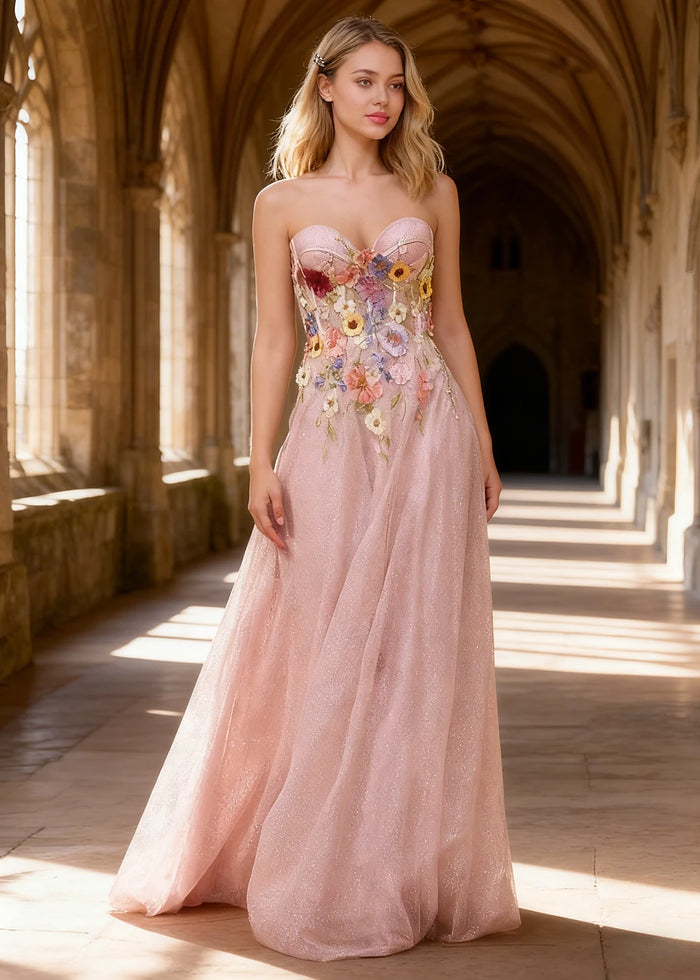 Lilo Strapless Pink Floral Prom Dress | A - Line Sweetheart Neckline Corset 3D Flower Gown - Pink Floral - PromDressClub