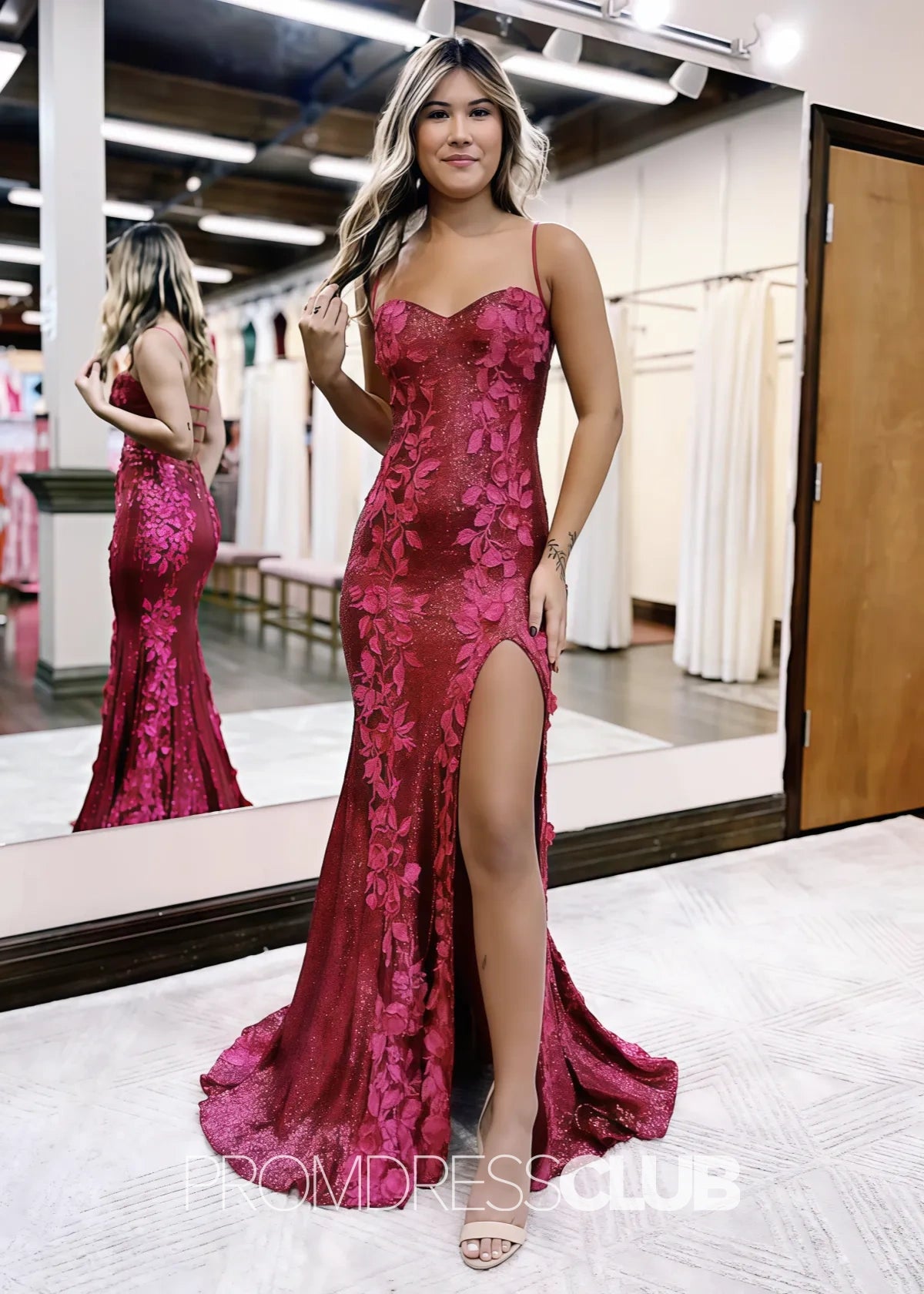 Linda |Long Black Prom Dresses Near Me With 3D Appliques Sheath Spaghetti Straps Sequin - Fuchsia - US0 - PromDressClub