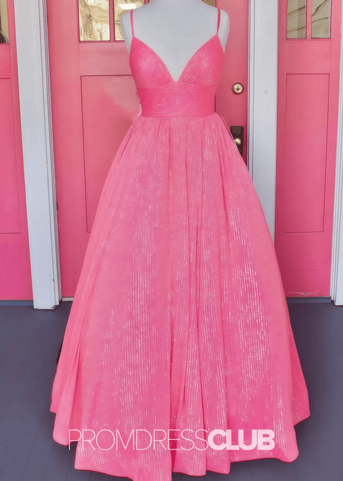 Lindsay |Hot Pink Plus Size Long Prom Dresses Near Me With A - line V Neck Sequins - Price #price_variant_lowest# - Hot Pink - PromDressClub