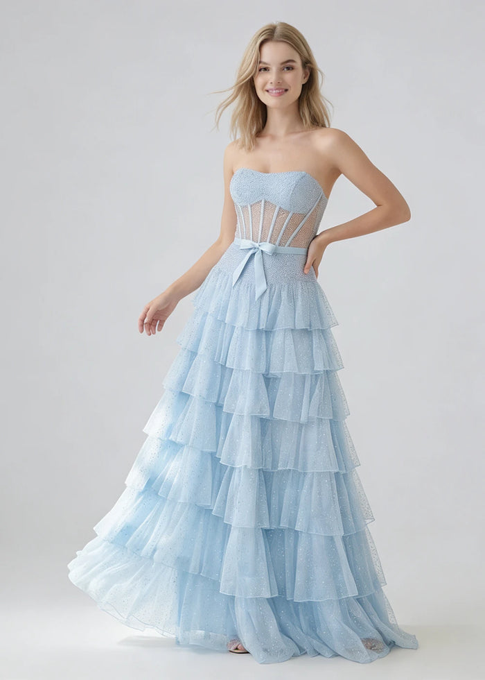 Lira Light Blue Glitter Prom Dress with Ruffles | A - Line Strapless Corset Formal Dress with Bow - Light Blue - PromDressClub
