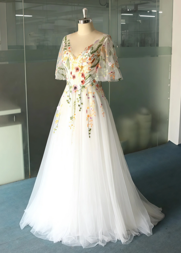 Lisa | Discover Floral Cap Sleeve V Neck Wedding Dresses for Elegant Brides - White Floral - PromDressClub