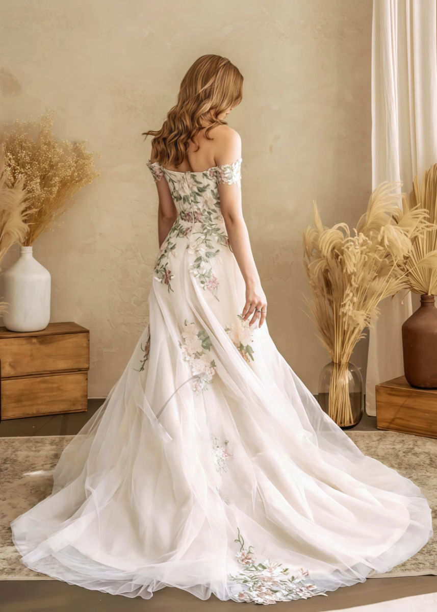 Liv | Say "I Do" to a Romantic Off the Shoulder Wedding Dress Under 500 - White Floral - PromDressClub