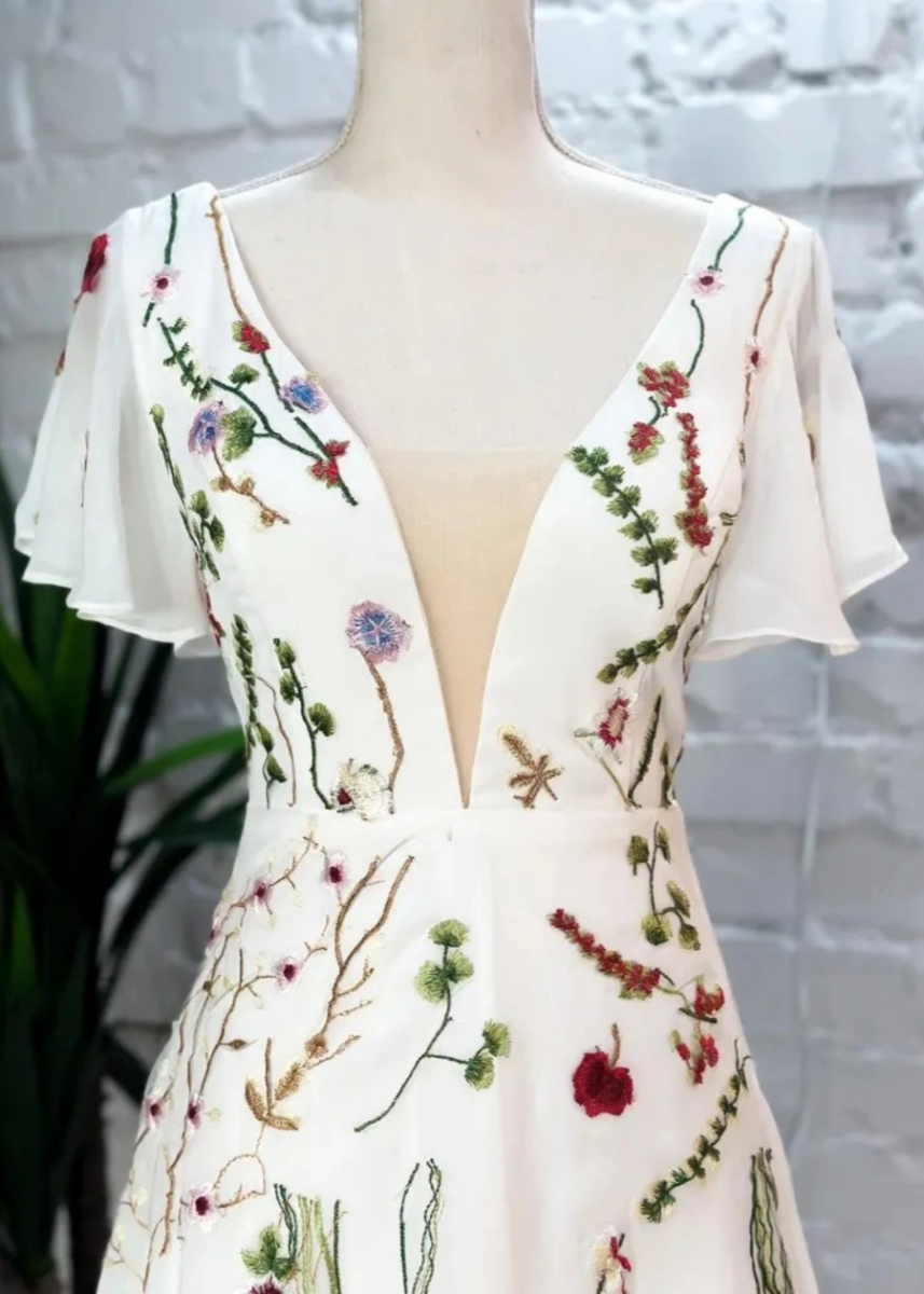 Lola | Stunning Floral Wedding Dresses with Sleeves - Ivory Floral - PromDressClub