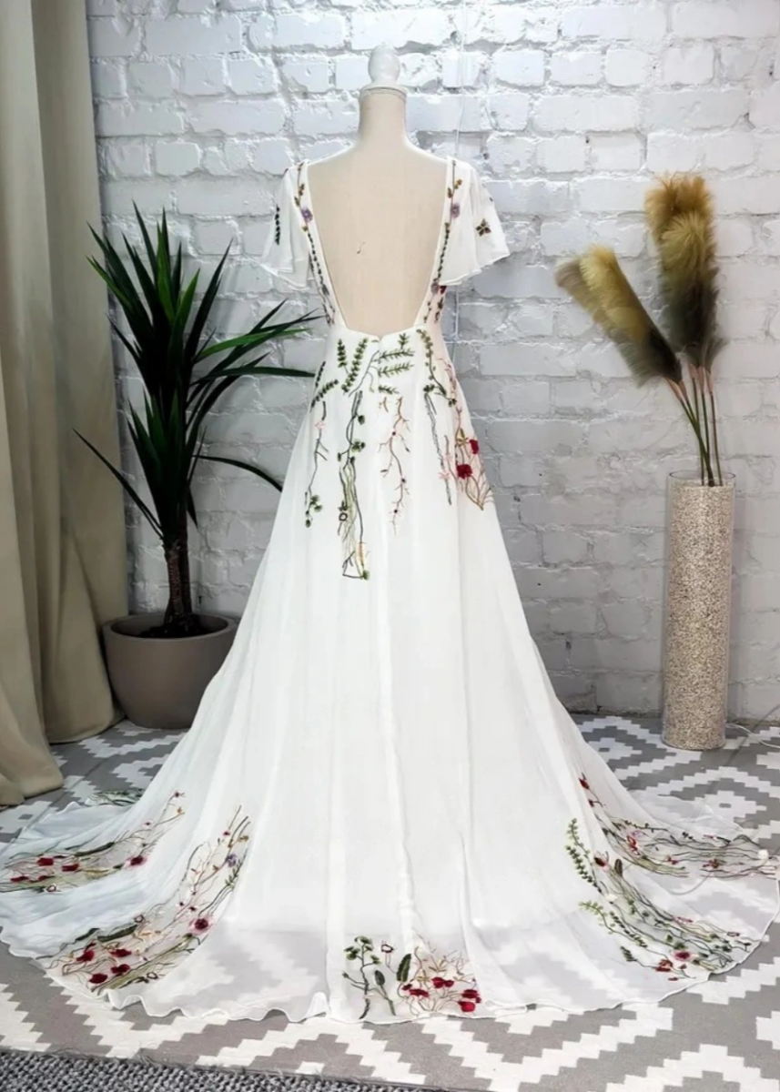 Lola | Stunning Floral Wedding Dresses with Sleeves - Ivory Floral - PromDressClub