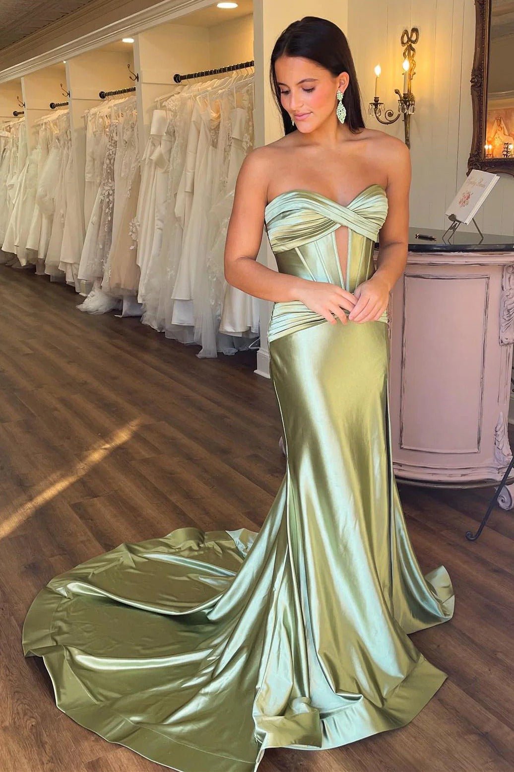 Pandora |Long Mermaid Black Prom Dress Satin Formal Dress Sweetheart - Sage Green - US0 - PromDressClub