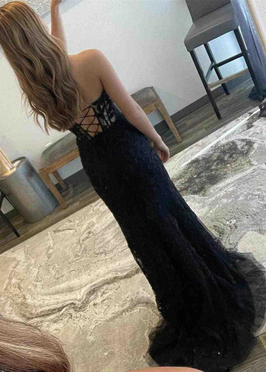 Lorraine Corset Lace Lilac Prom Dress | Mermaid Strapless Sweetheart Neckline Dress with Slit - Black - PromDressClub