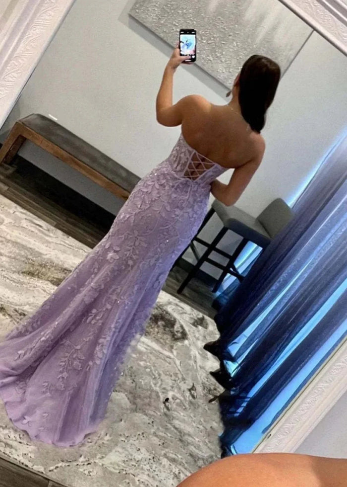 Lorraine Corset Lace Lilac Prom Dress | Mermaid Strapless Sweetheart Neckline Dress with Slit - Lilac - PromDressClub