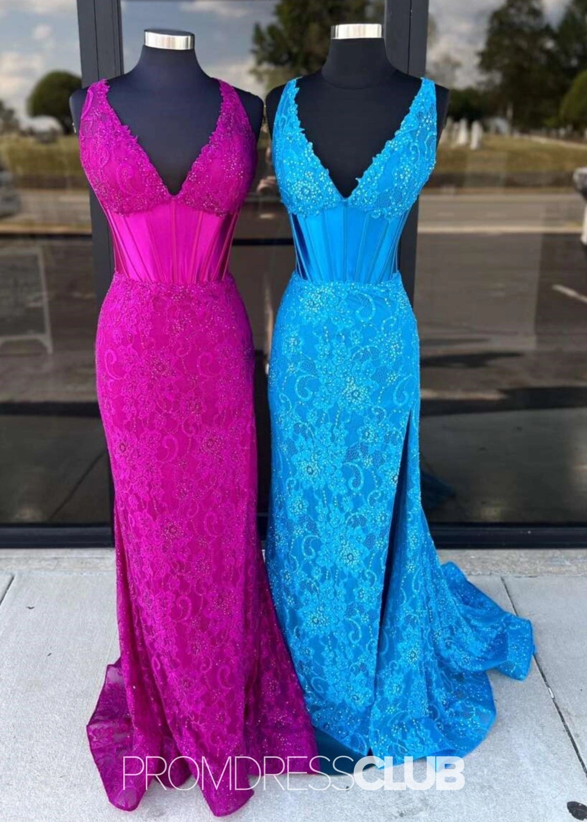 Lucy | Mermaid Appliques Lace Hot Pink Long Prom Dress - Blue - PROMDRESS Club