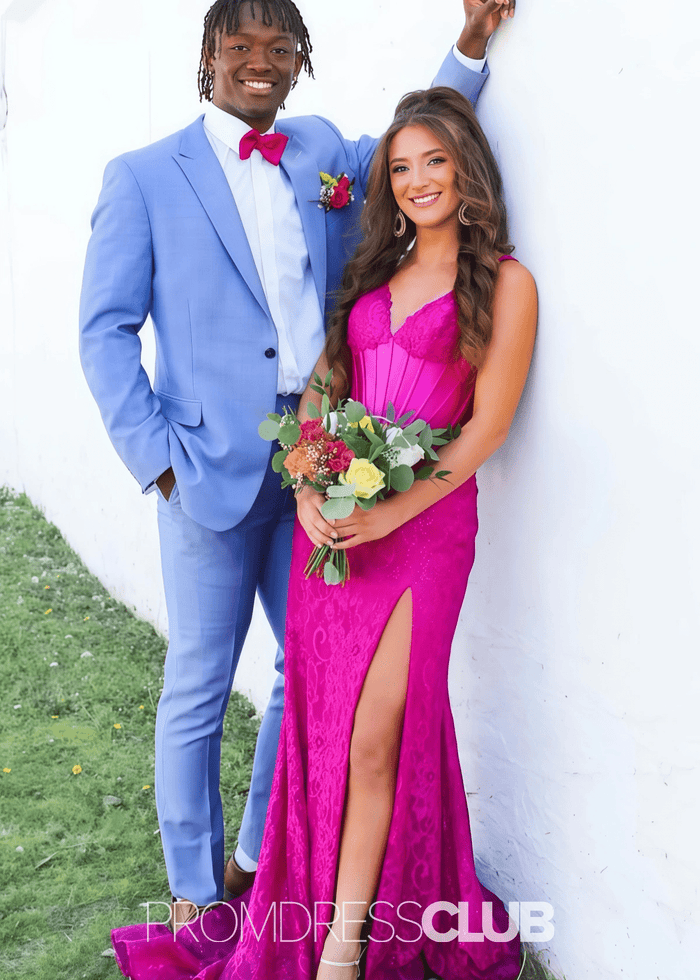 Lucy | Mermaid Appliques Lace Hot Pink Long Prom Dress - Price #price_variant_lowest# - Hot Pink - PromDressClub