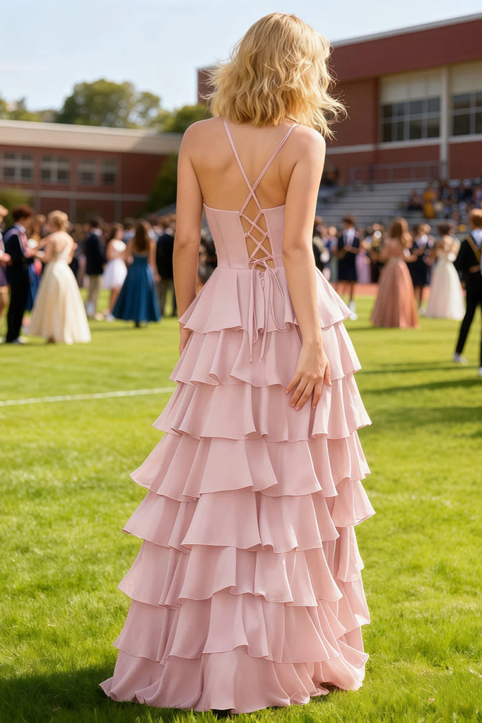 Luminance Powder Pink Tiered Ruffled Cowl Neck Prom Dress | A - Line Spaghetti Straps Corset Pleated Satin Dress with Slit - US0 - PromDressClub