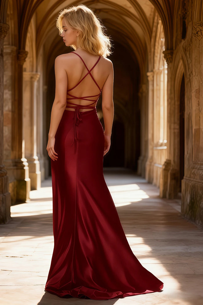 Luna Burgundy Satin Sheath Spaghetti Strap Prom Dress | Sexy Scoop Neck Pleated Open Back Slit Gown - US0 - PromDressClub
