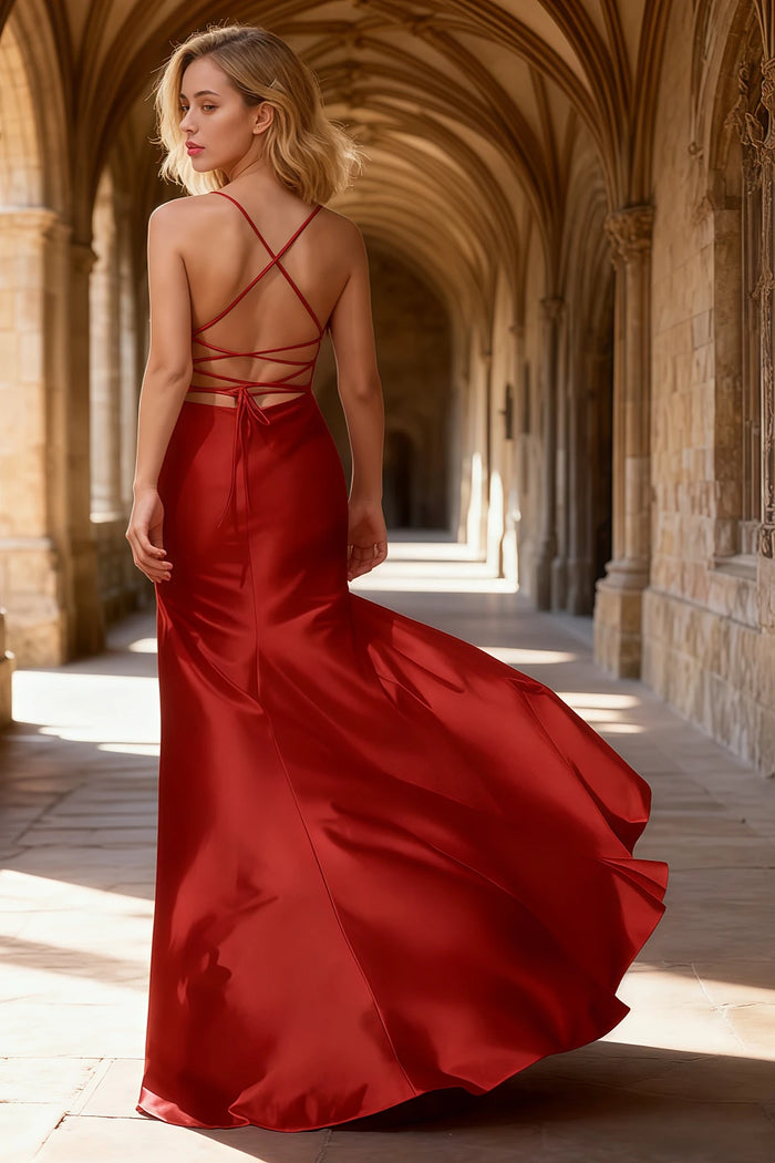 Luna Red Satin Sheath Spaghetti Strap Prom Dress | Sexy Scoop Neck Pleated Open Back Slit Gown - US0 - PromDressClub
