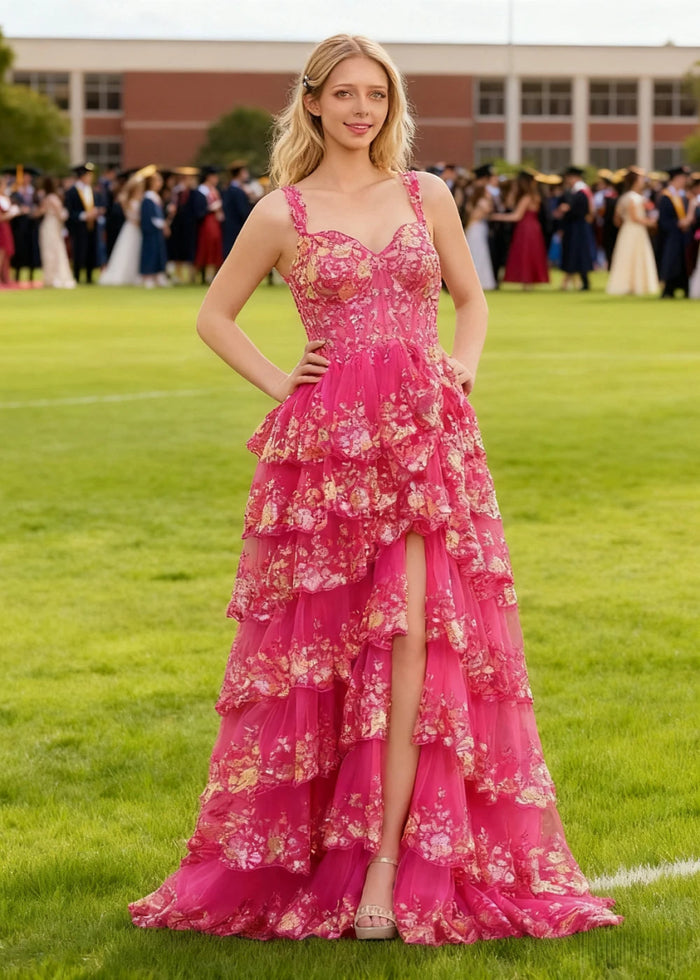 Lydia | A - Line Off the Shoulder Lace Corset A Pink Prom Dress Long with Tiered Ruffles - Fuchsia - PromDressClub