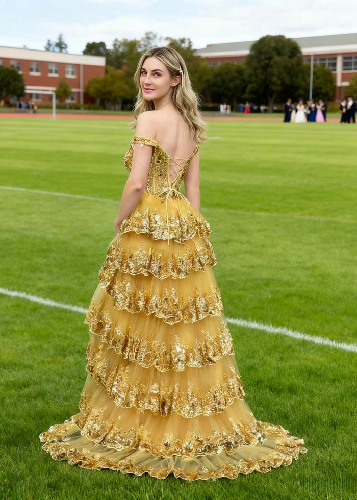 Lydia | A - Line Off the Shoulder Lace Corset A Pink Prom Dress Long with Tiered Ruffles - Gold - PromDressClub