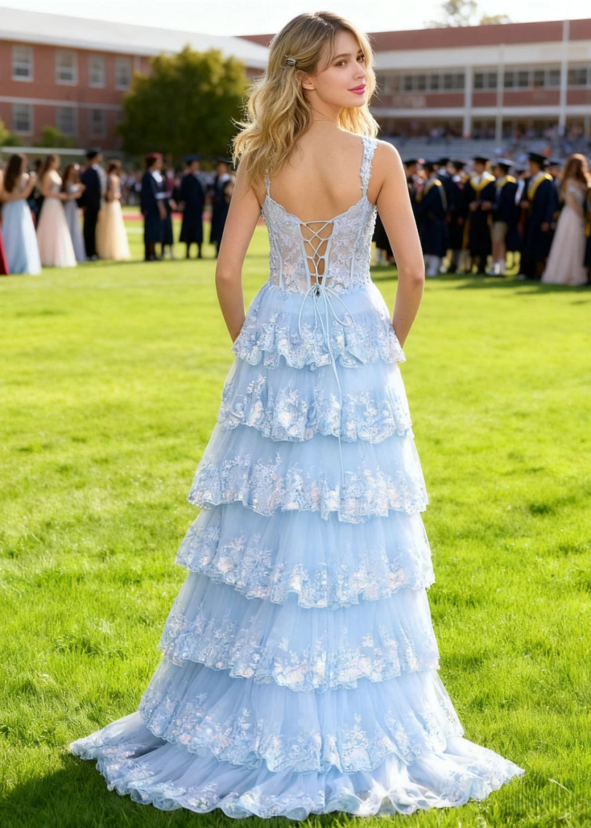 Lydia | A - Line Off the Shoulder Lace Corset A Pink Prom Dress Long with Tiered Ruffles - Light Blue - PromDressClub