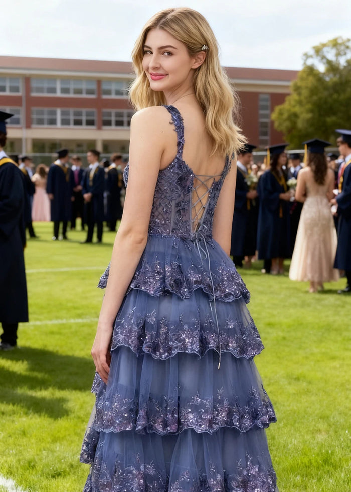 Lydia | A - Line Off the Shoulder Lace Corset A Pink Prom Dress Long with Tiered Ruffles - Navy Blue - PromDressClub