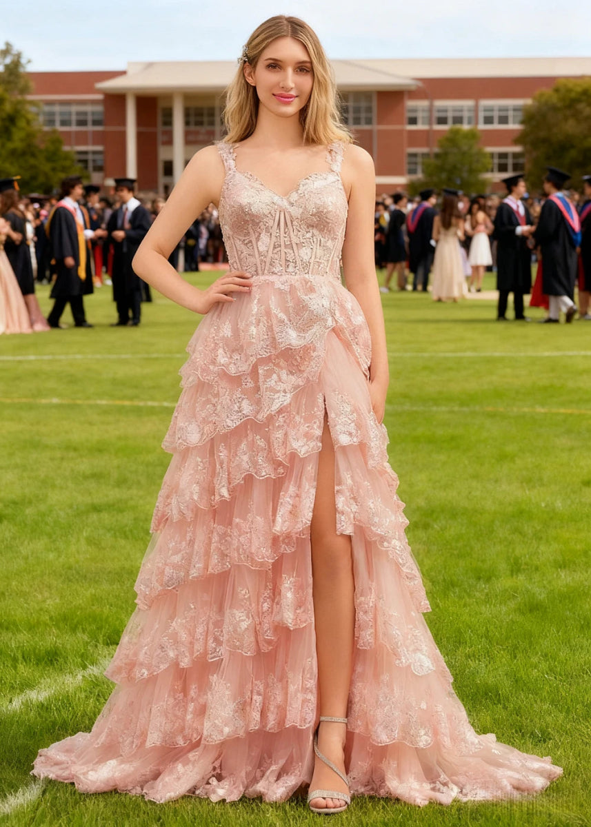 Lydia | A - Line Off the Shoulder Lace Corset A Pink Prom Dress Long with Tiered Ruffles - Pink - PromDressClub