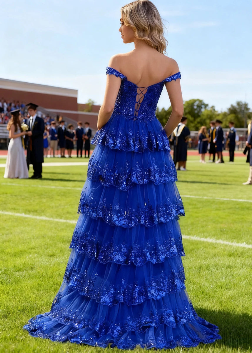 Lydia | A - Line Off the Shoulder Lace Corset A Pink Prom Dress Long with Tiered Ruffles - Royal Blue - PromDressClub