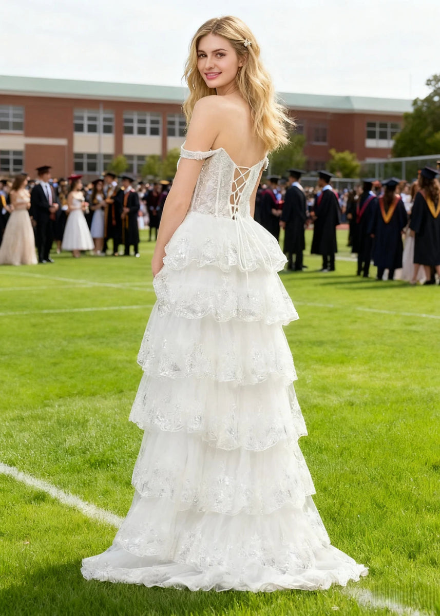 Lydia | A - Line Off the Shoulder Lace Corset A Pink Prom Dress Long with Tiered Ruffles - White - PromDressClub